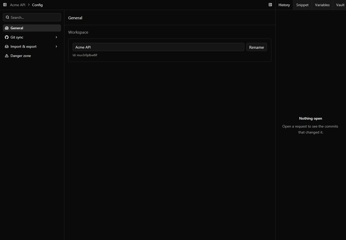 The workspace Config screen