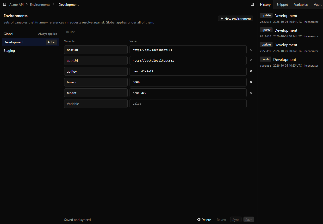 The Environments screen