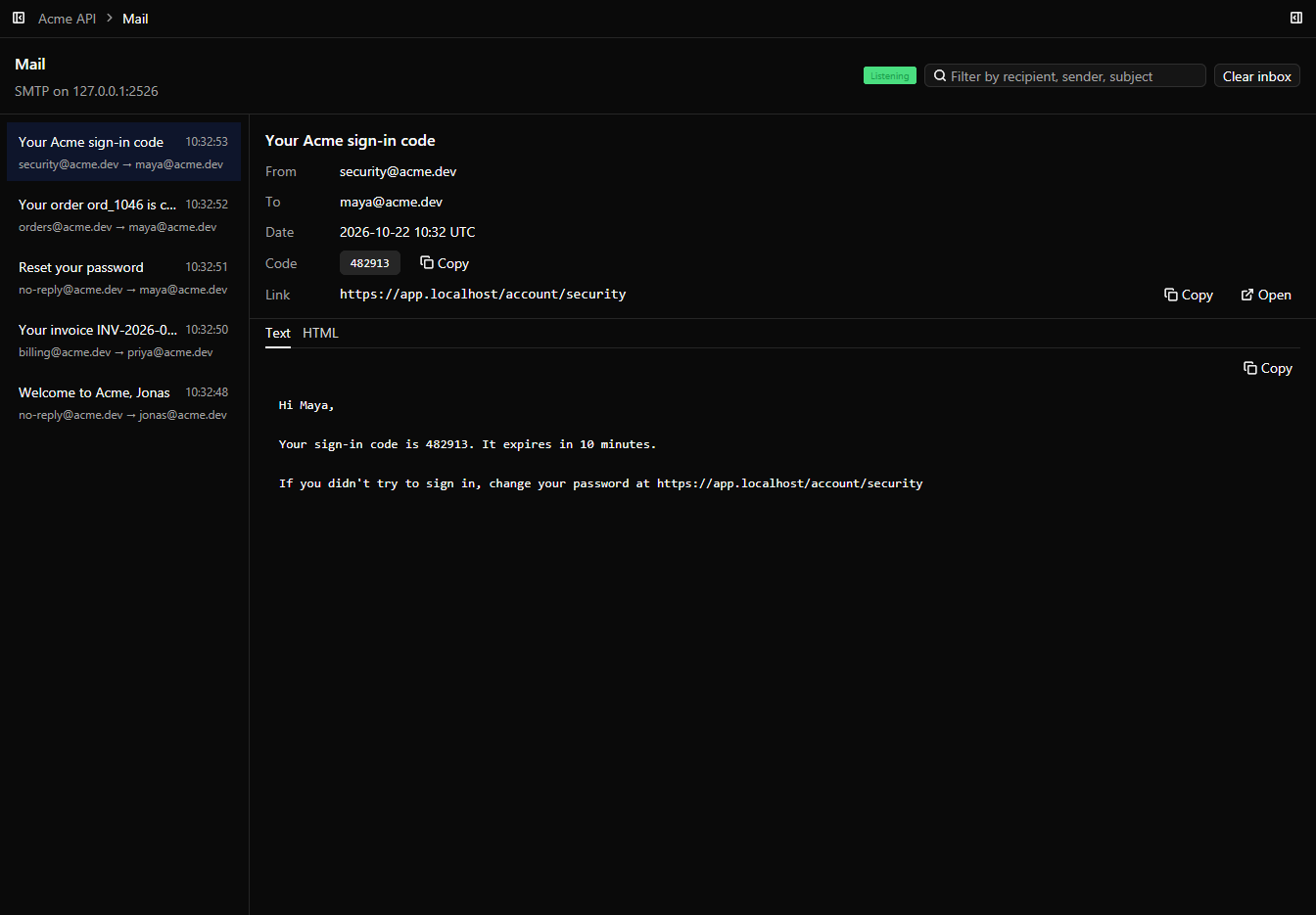 The Mail screen